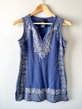 INC Blue Sleeveless Embroidered/Jeweled V-Neck Tunic Size Medium - Bohemian